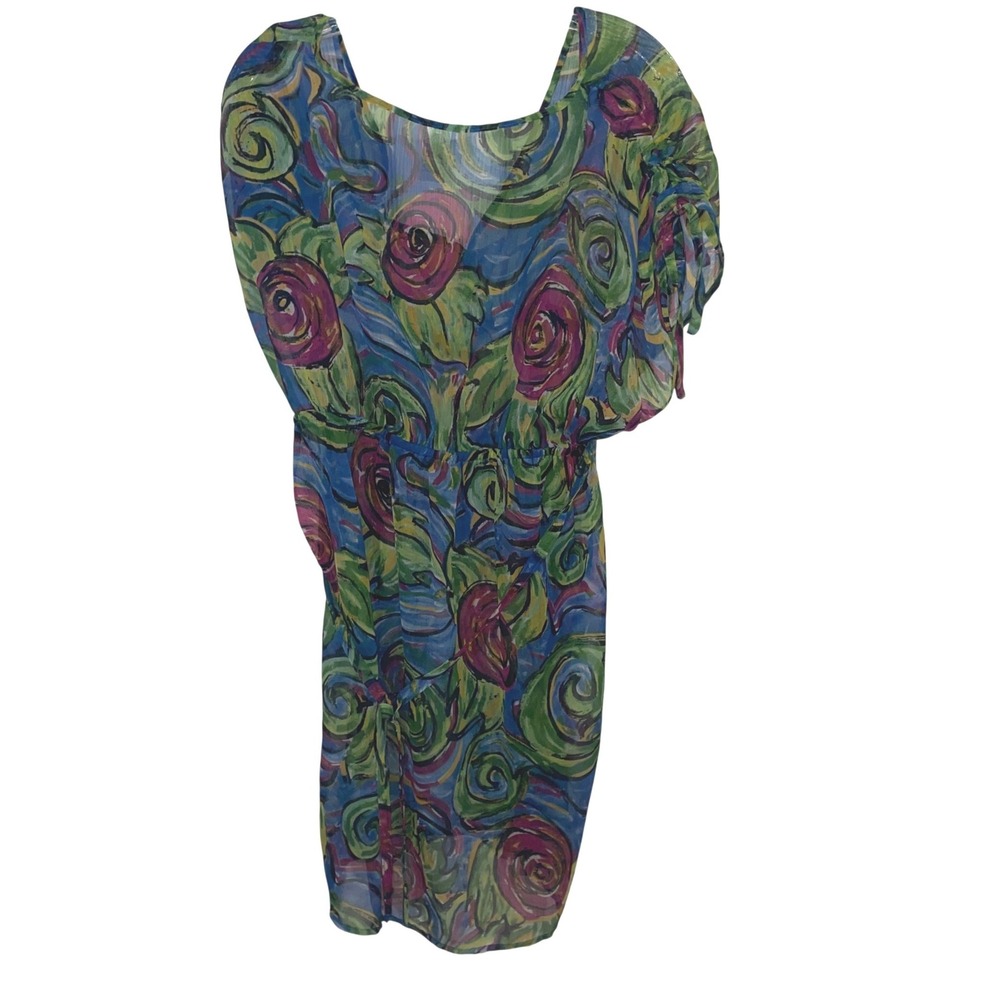 Carlos Falchi x mark. Rio Floral Chiffon Swim Cover Up Dress Blue Green Womens M